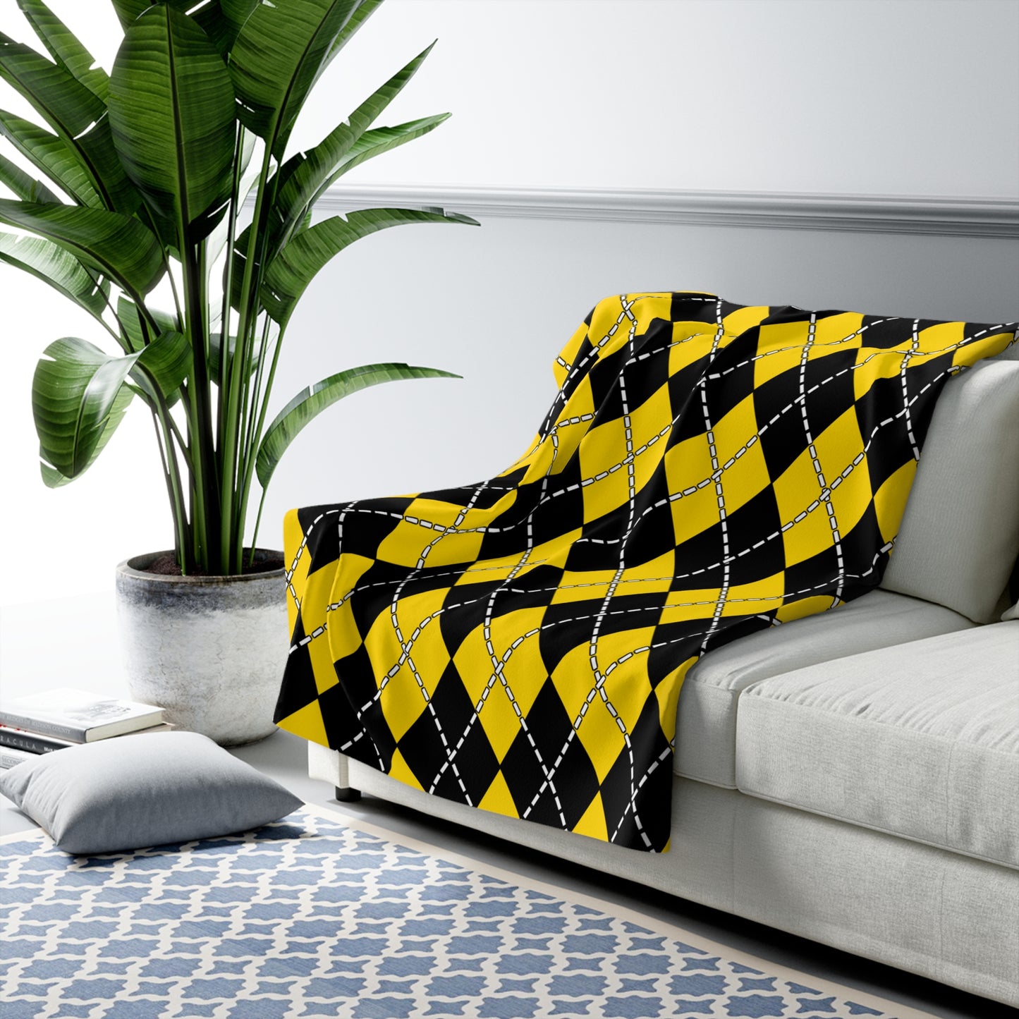 Gold, Black Retro Argyle Blanket Throw