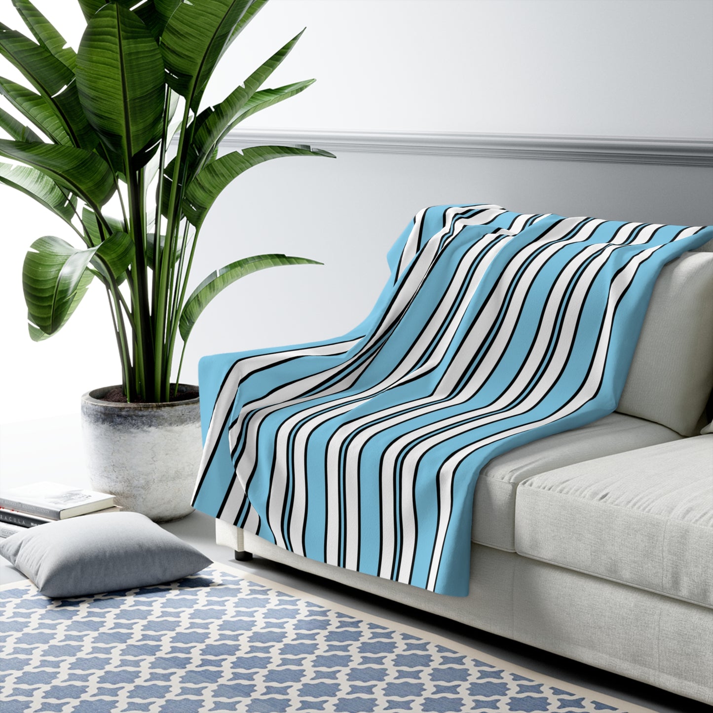 Sky Blue, White Retro Stripes Blanket Throw