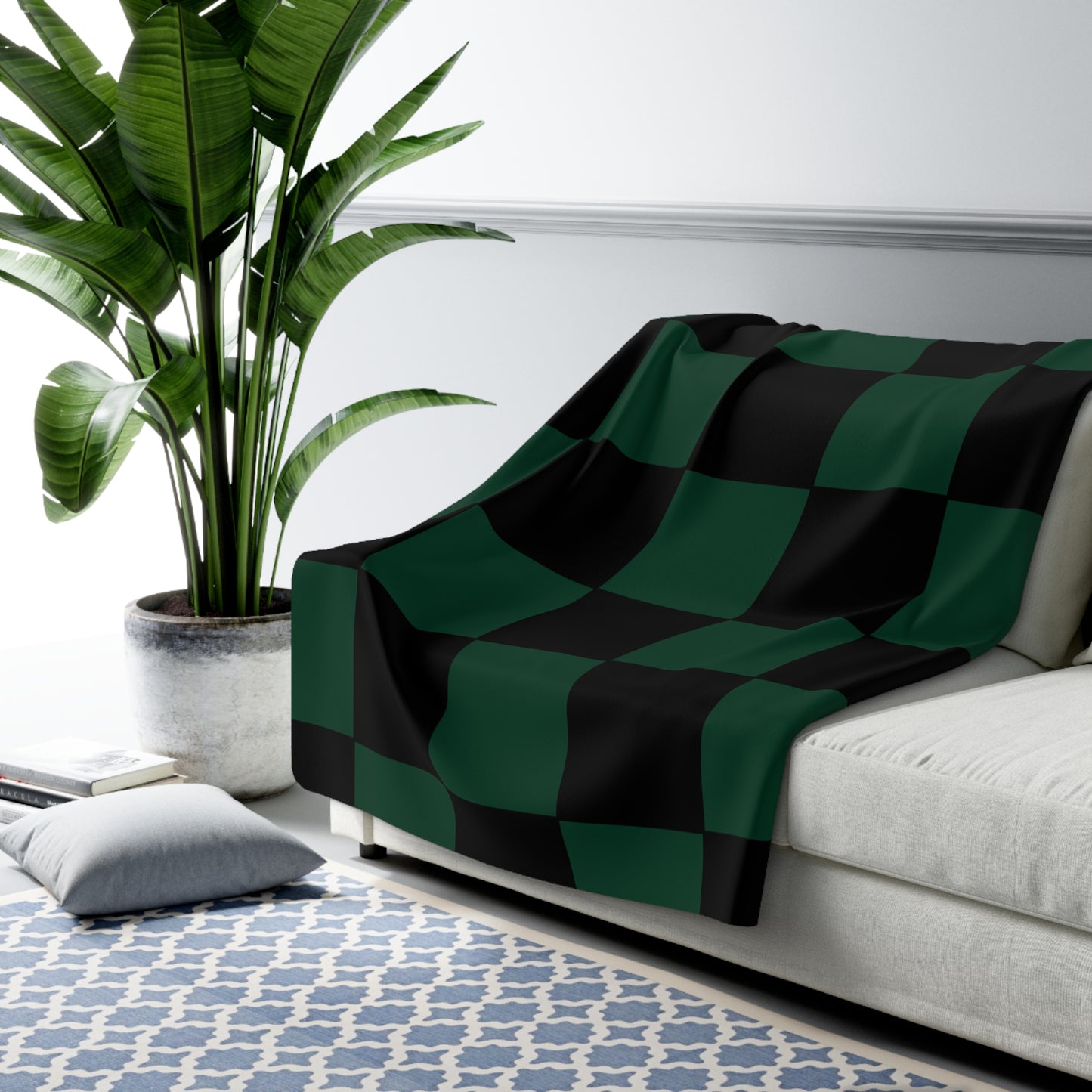Dark Green, Black Retro Check Blanket Throw