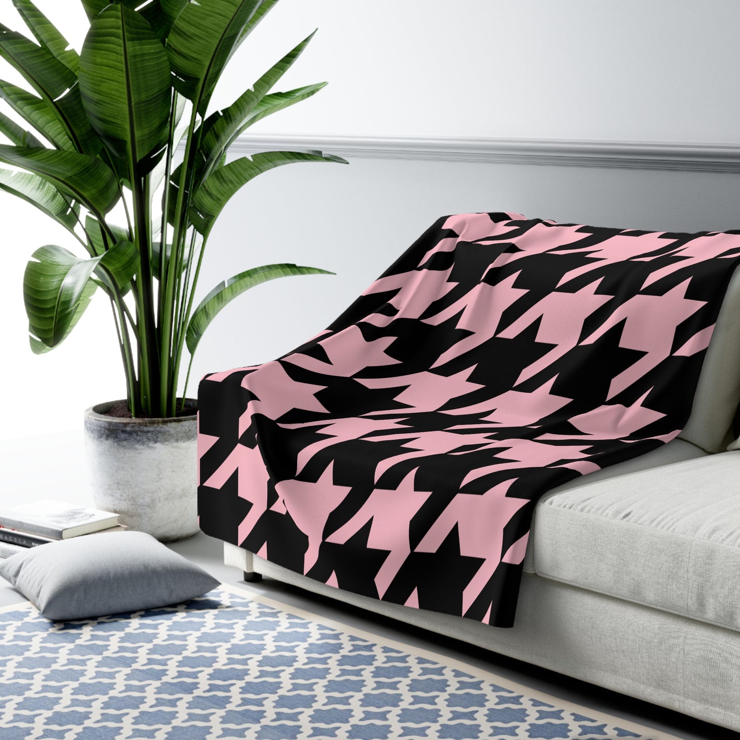 Pink, Black Retro Houndstooth Blanket Throw