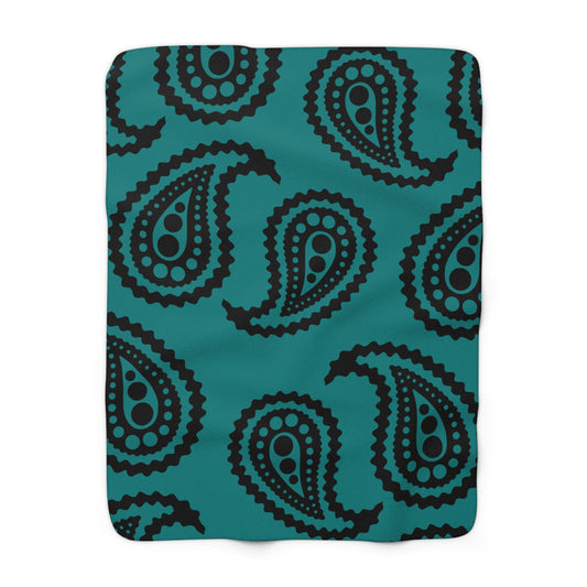 Teal, Black Retro Paisley Blanket Throw