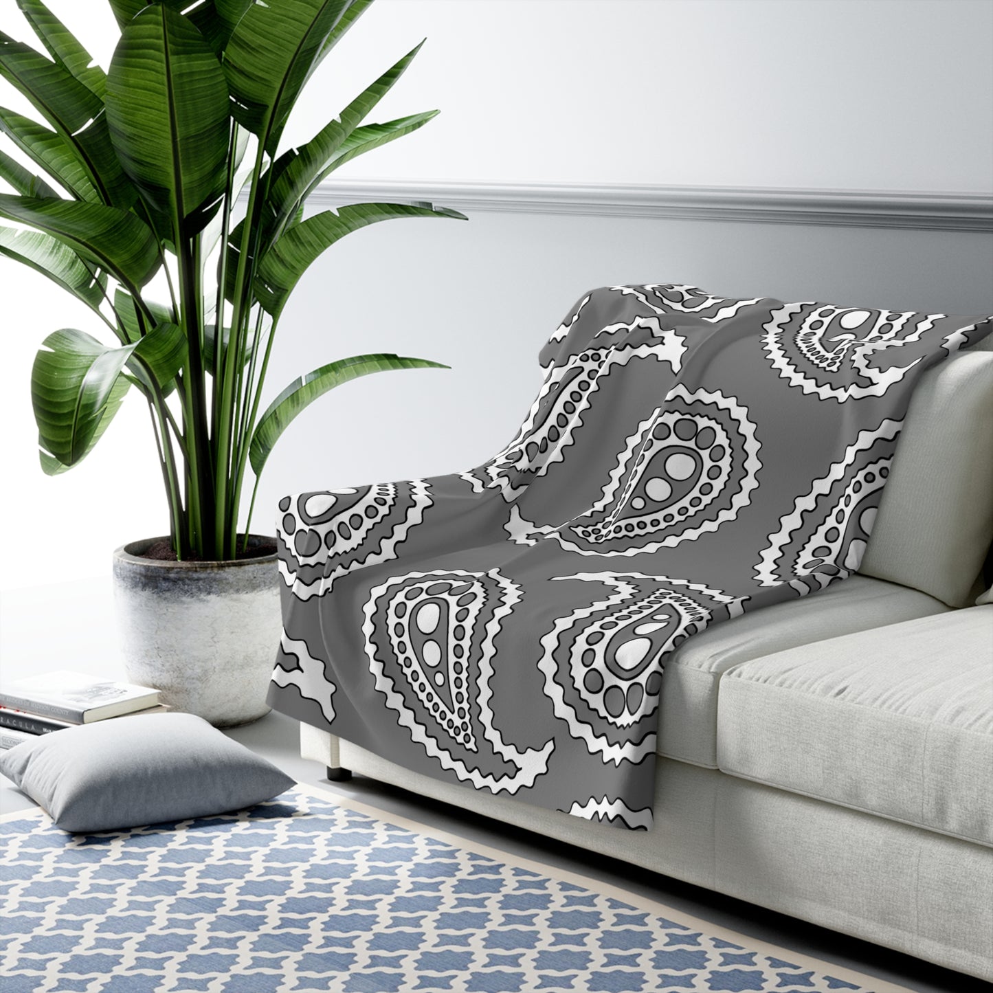 Grey, White Retro Paisley Blanket Throw