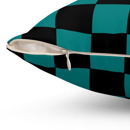 Teal, Black Retro Check Cushion Pillow