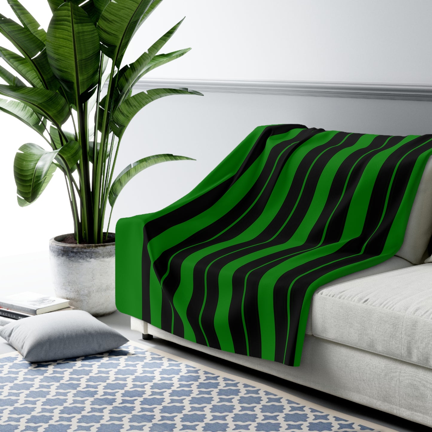 Green, Black Retro Stripes Blanket Throw