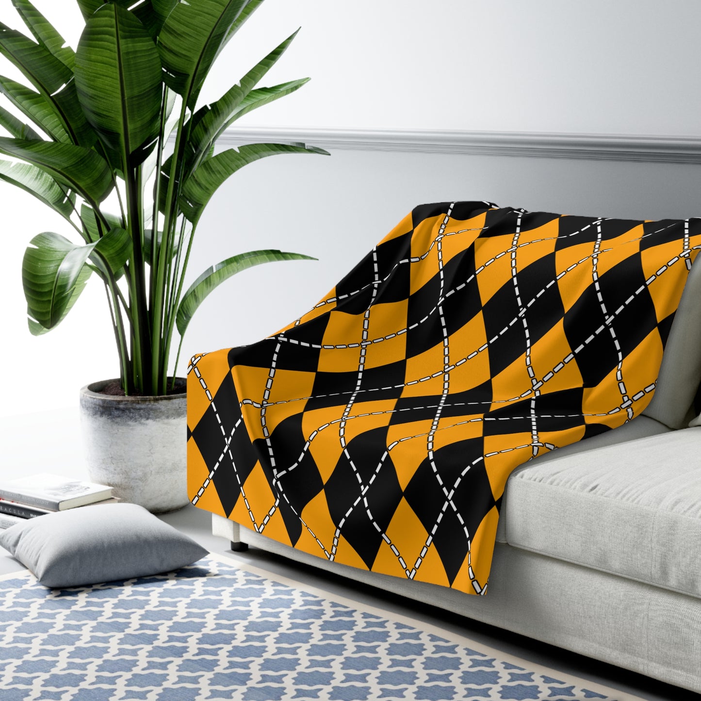 Orange, Black Retro Argyle Blanket Throw