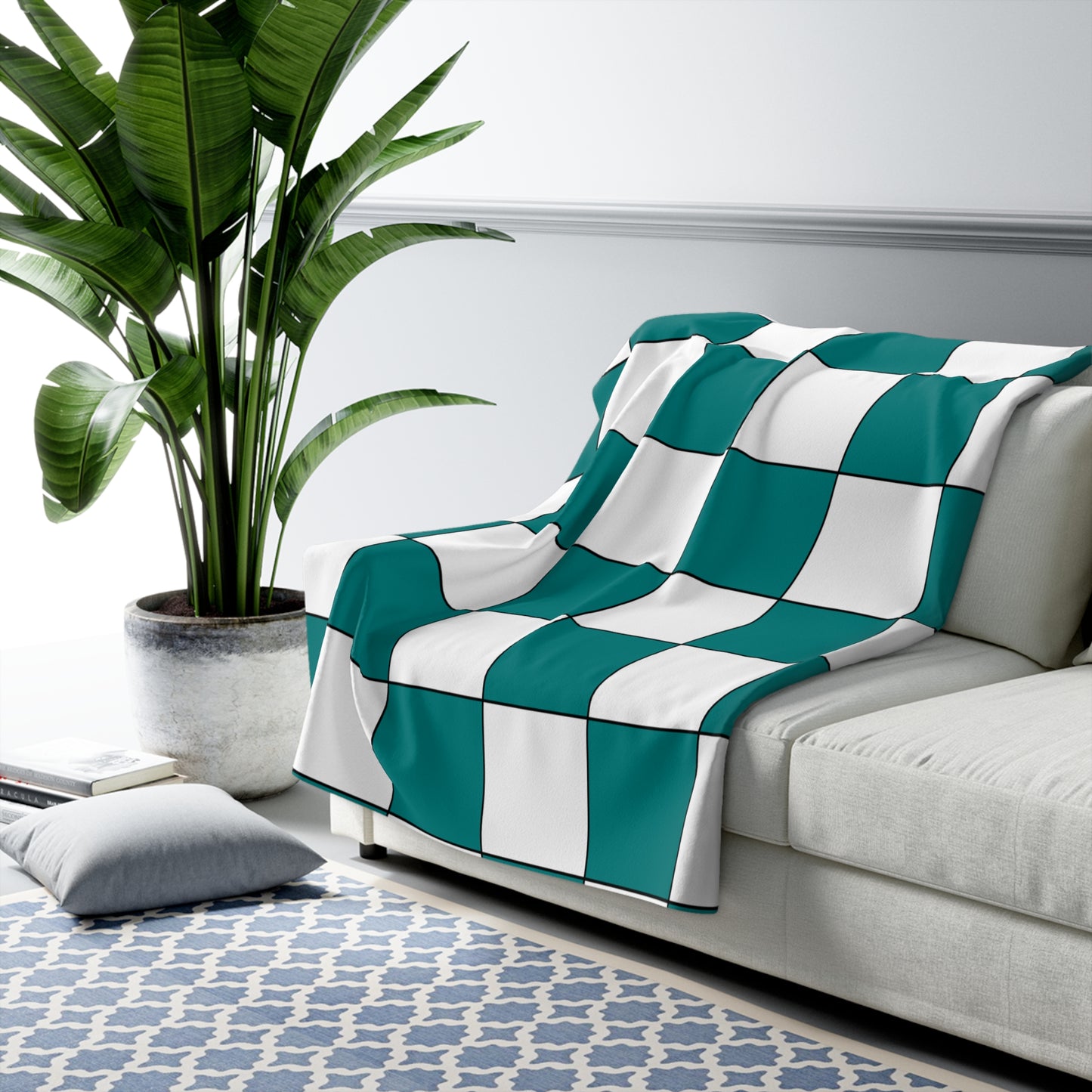 Teal, White Retro Check Blanket Throw