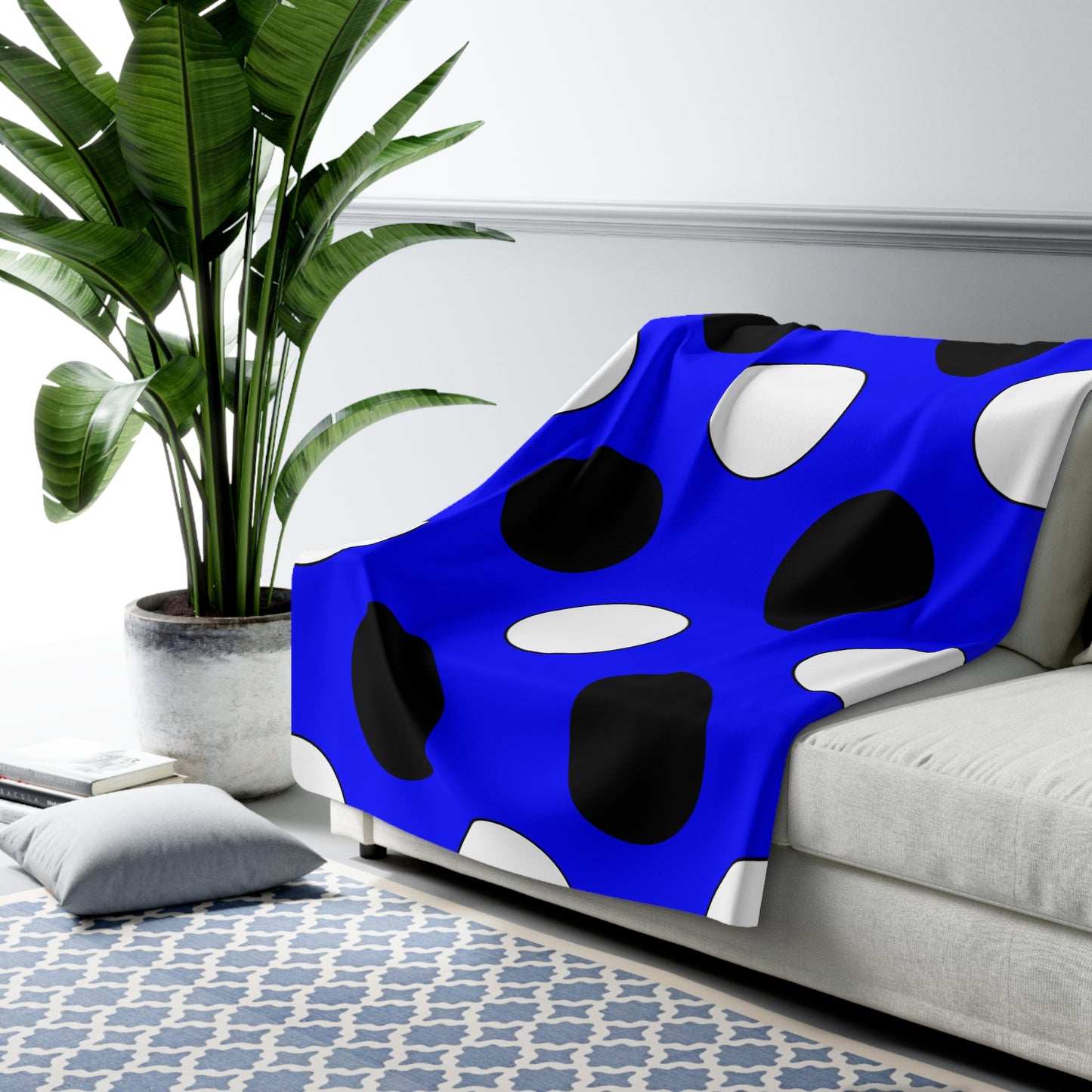 Blue, Black, White Retro Polka Dots Blanket Throw