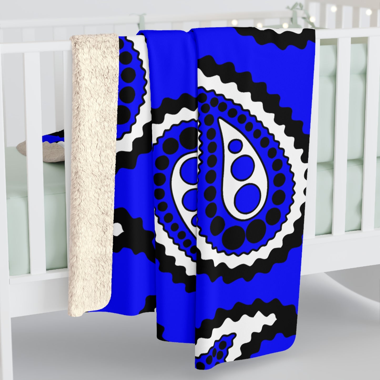 Blue, Black, White Retro Paisley Blanket Throw