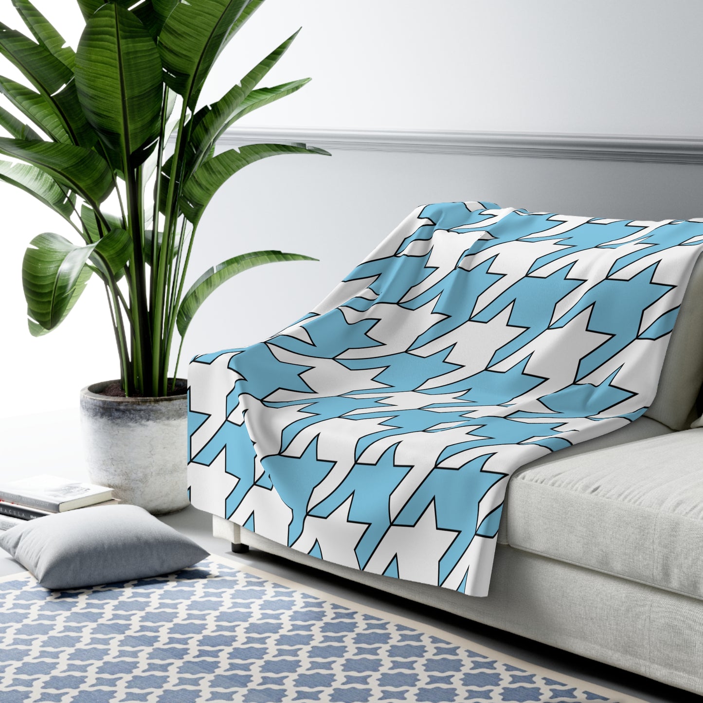 Sky Blue, White Retro Houndstooth Blanket Throw