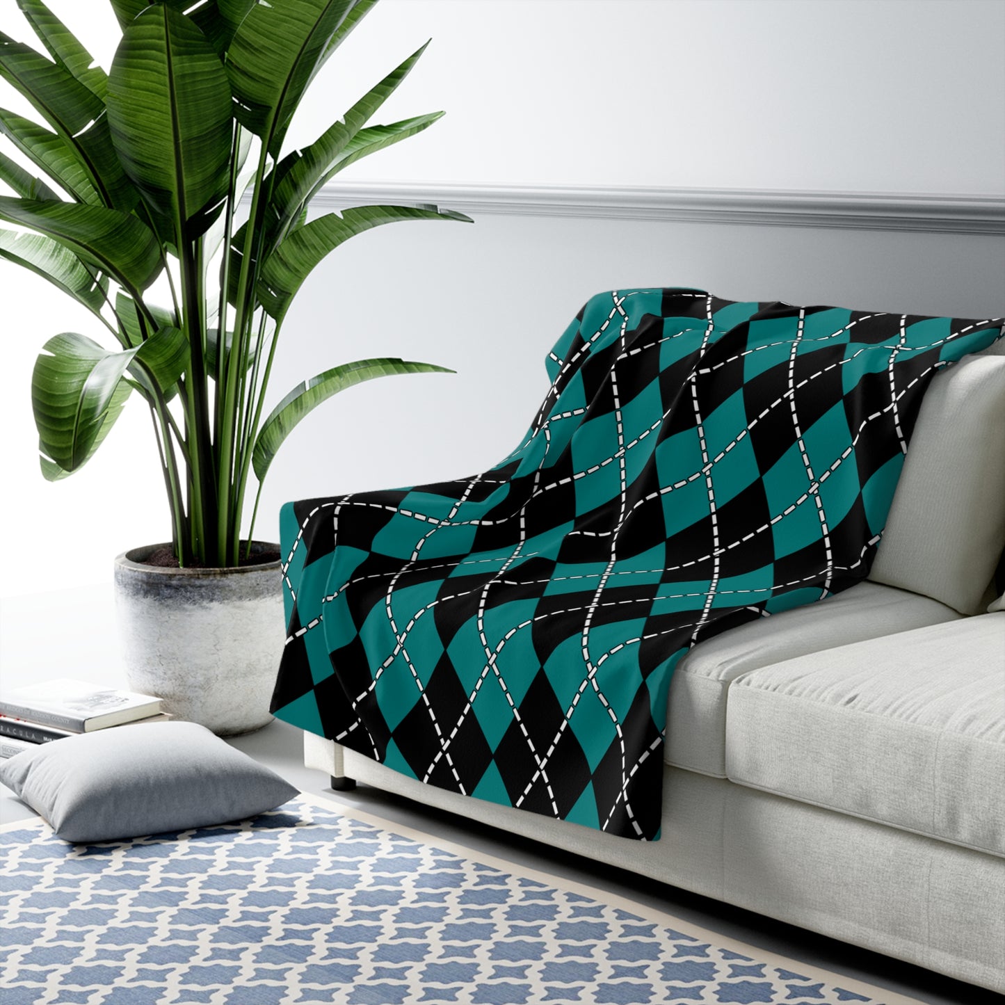 Teal, Black Retro Argyle Blanket Throw