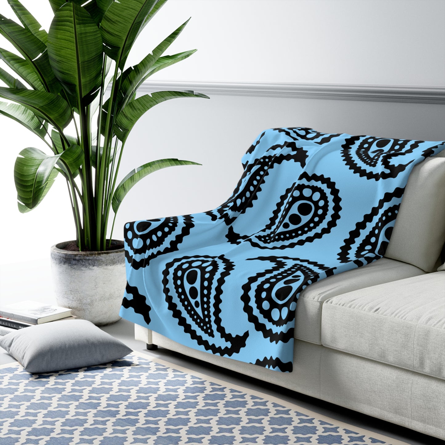 Light Blue, Black Retro Paisley Blanket Throw