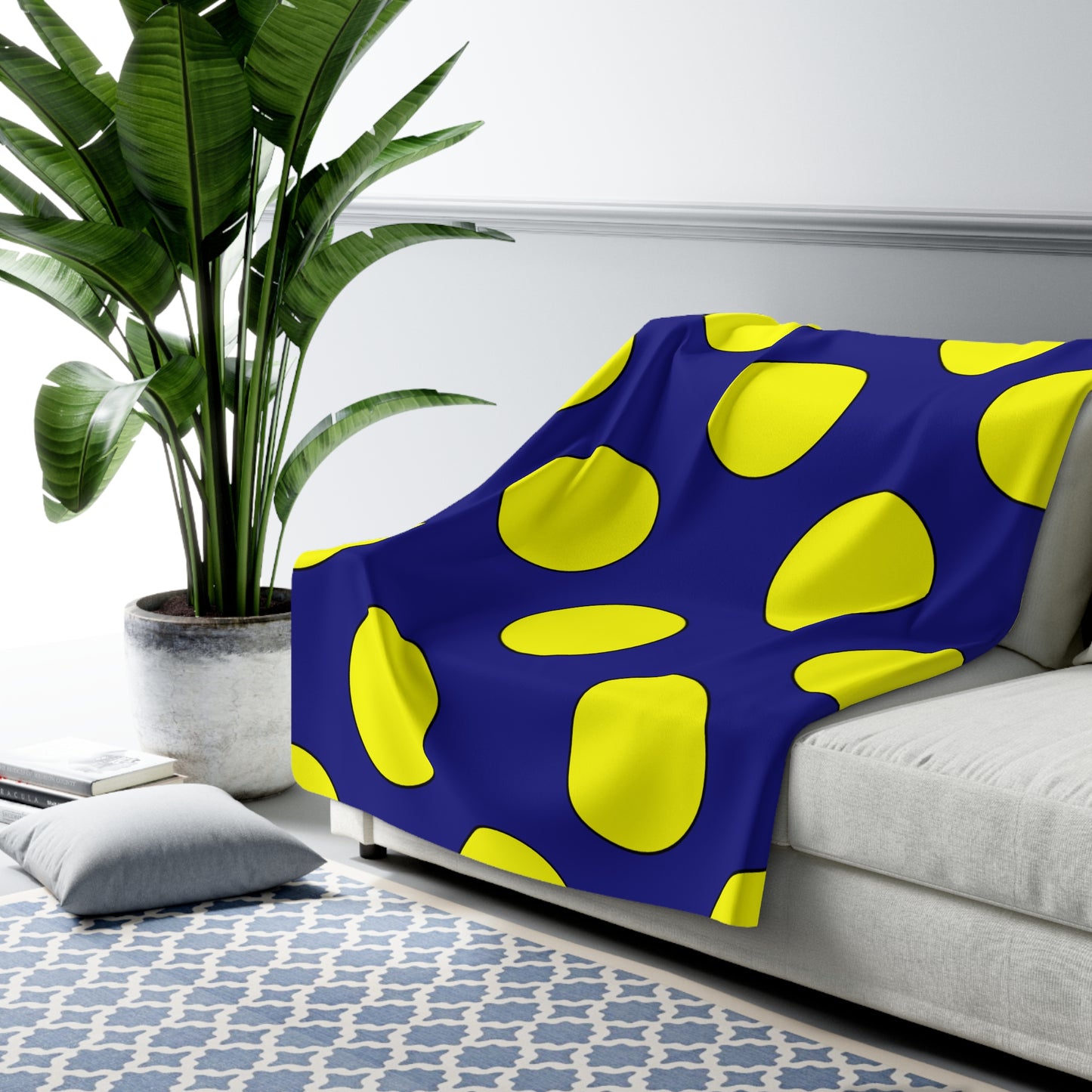 Navy Blue, Yellow Retro Polka Dots Blanket Throw