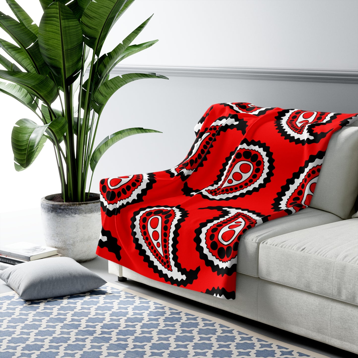 Red, Black, White Retro Paisley Blanket Throw