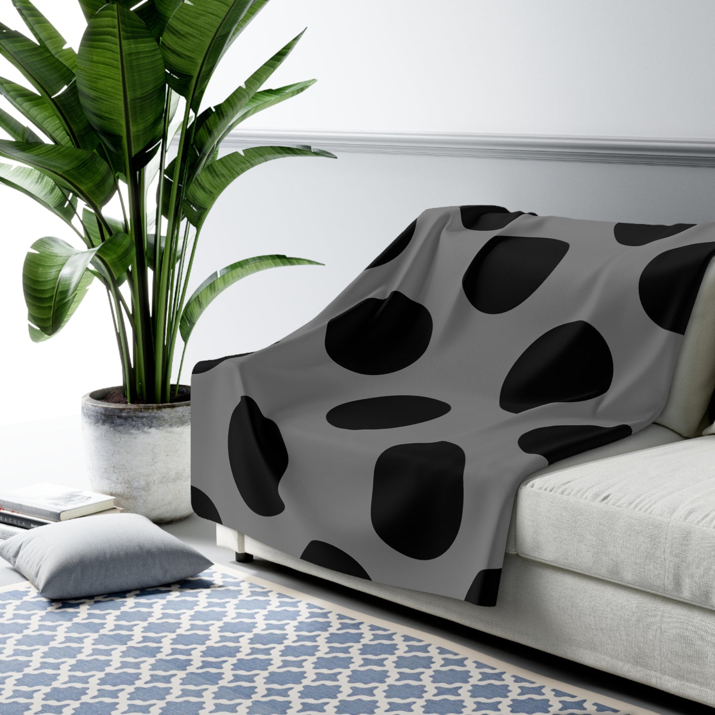 Grey, Black Retro Polka Dots Blanket Throw
