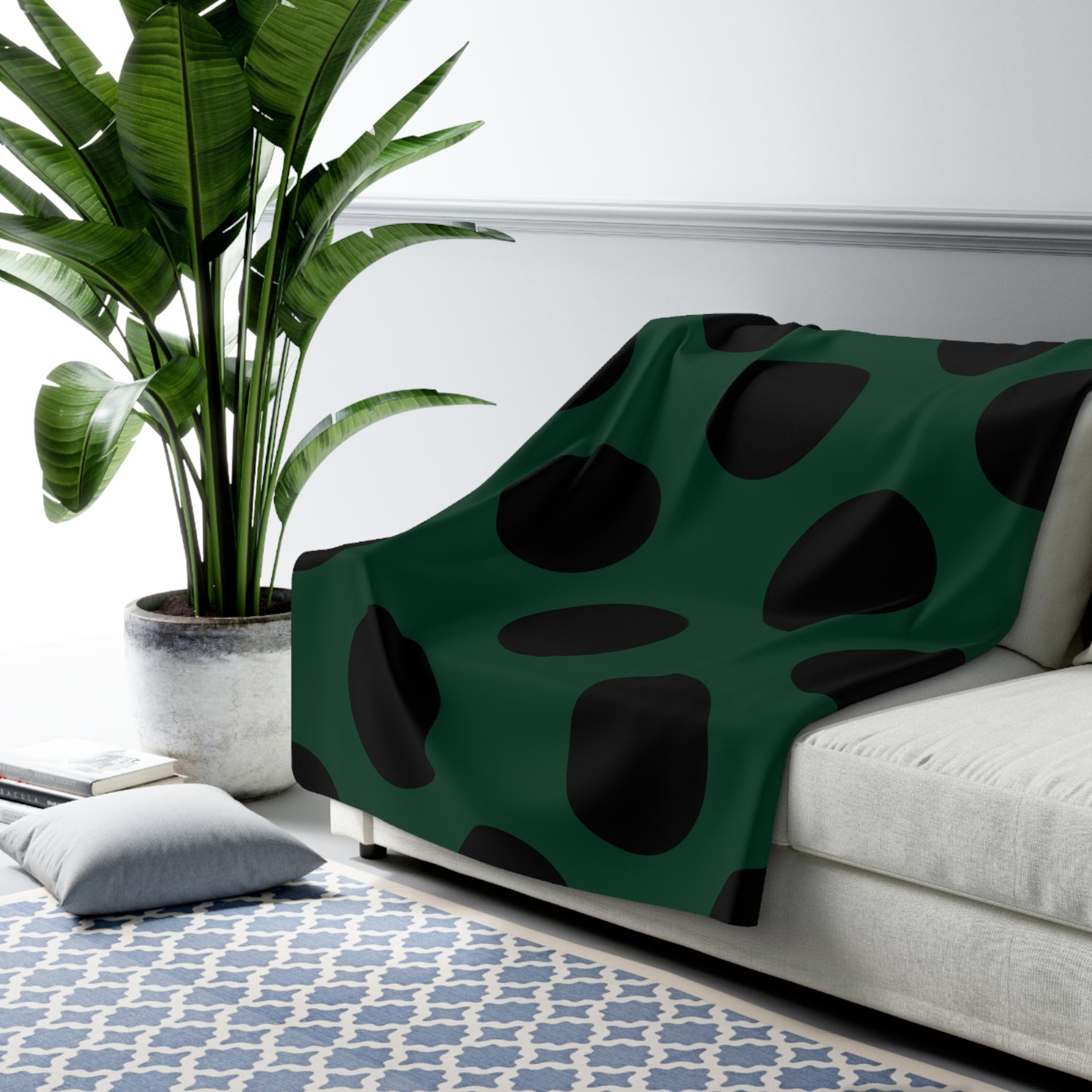 Dark Green, Black Retro Polka Dots Blanket Throw