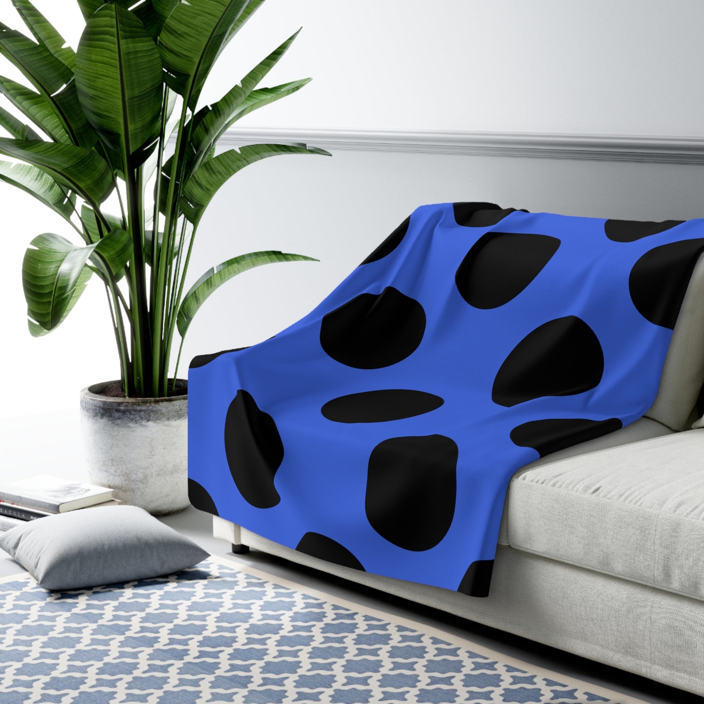 Royal Blue, Black Retro Polka Dots Blanket Throw