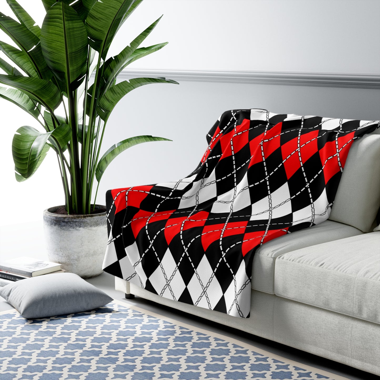 Black, White, Red Retro Argyle Blanket Throw