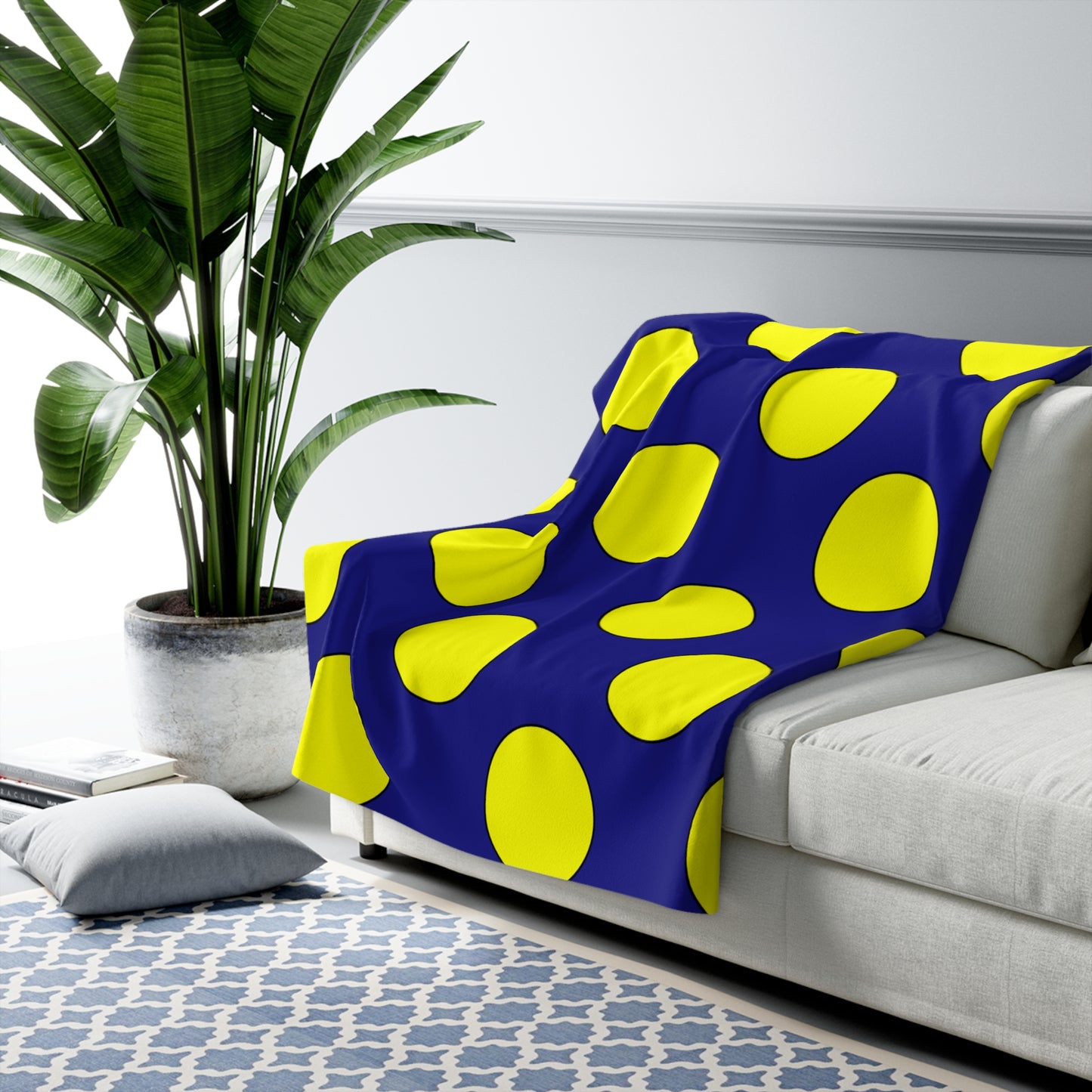 Navy Blue, Yellow Retro Polka Dots Blanket Throw