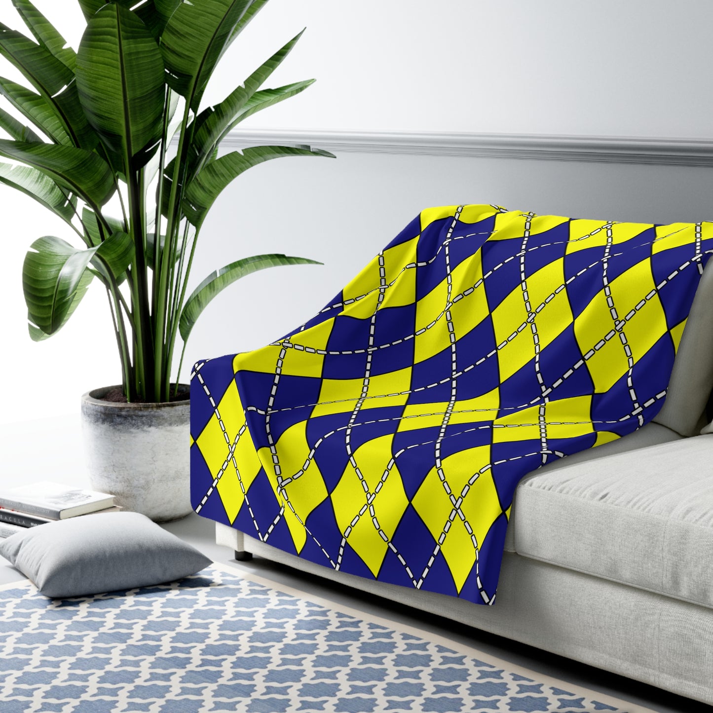 Navy Blue, Yellow Retro Argyle Blanket Throw