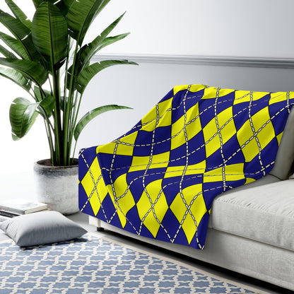 Navy Blue, Yellow Retro Argyle Blanket Throw