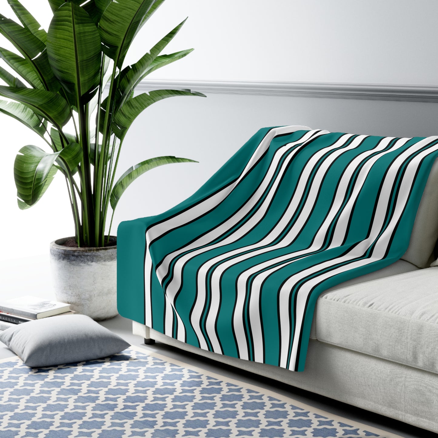 Teal, White Retro Stripes Blanket Throw