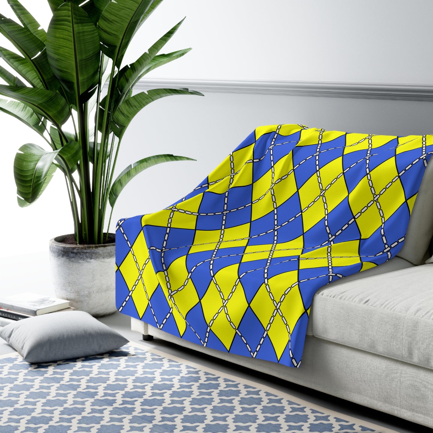 Royal Blue, Yellow Retro Argyle Blanket Throw