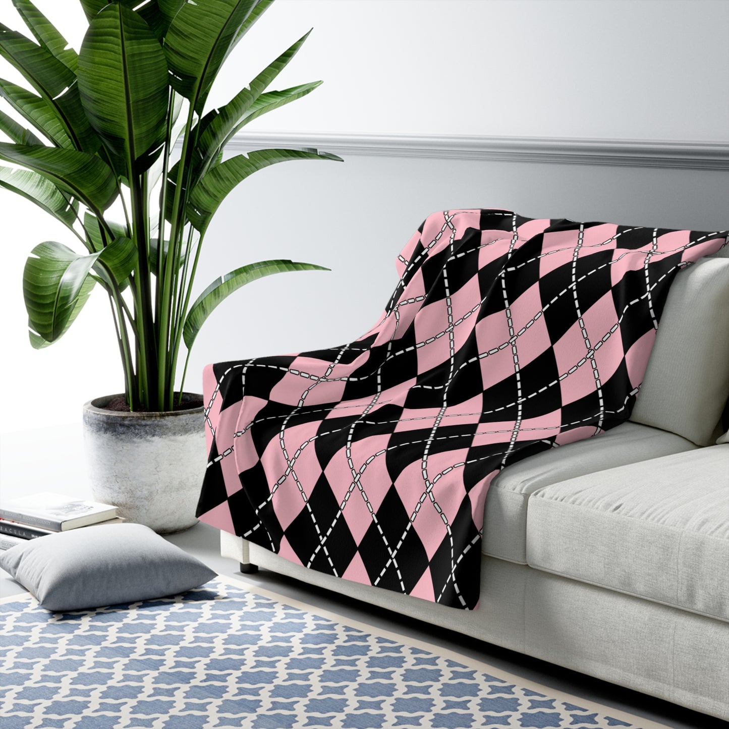 Pink, Black Retro Argyle Blanket Throw