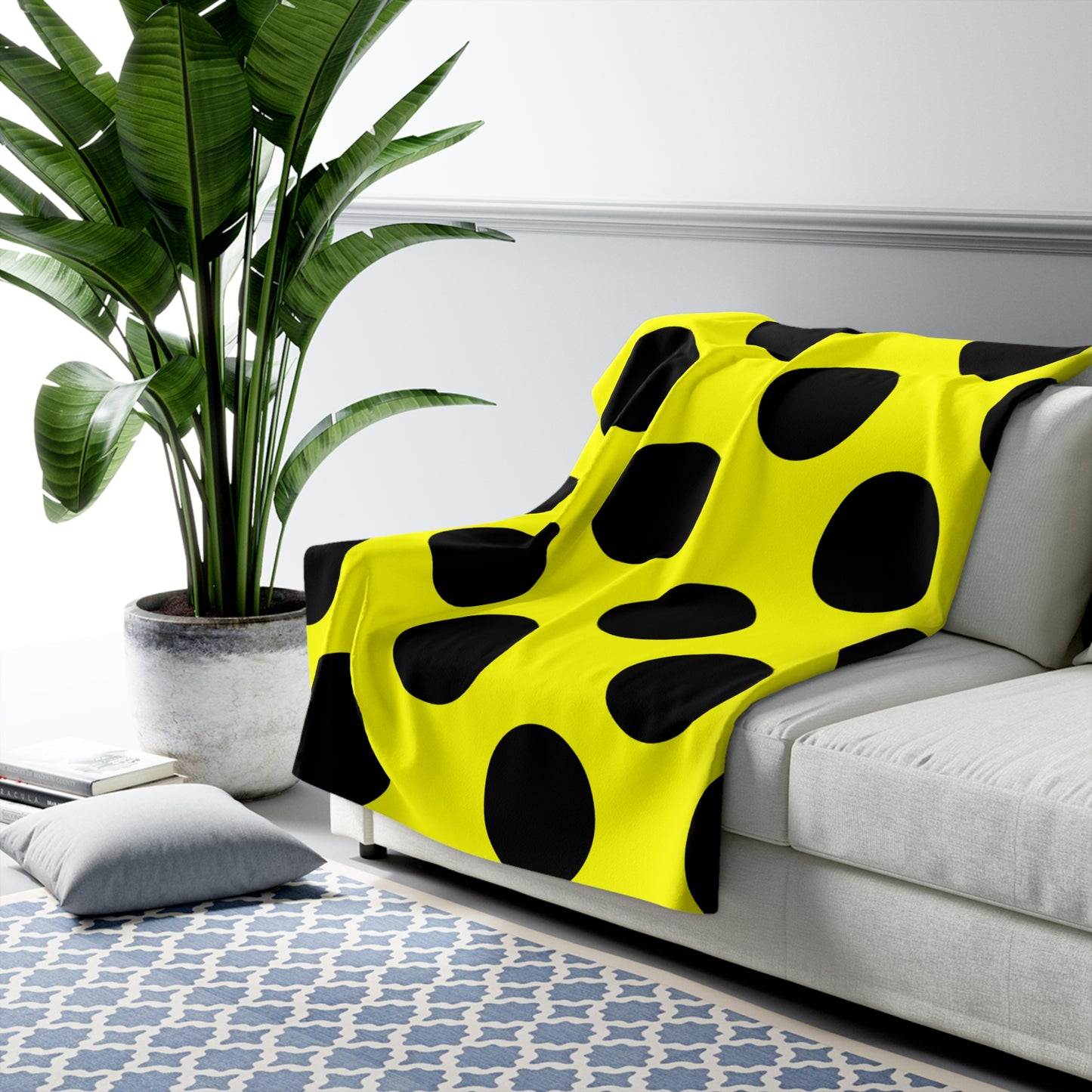 Yellow, Black Retro Polka Dots Blanket Throw