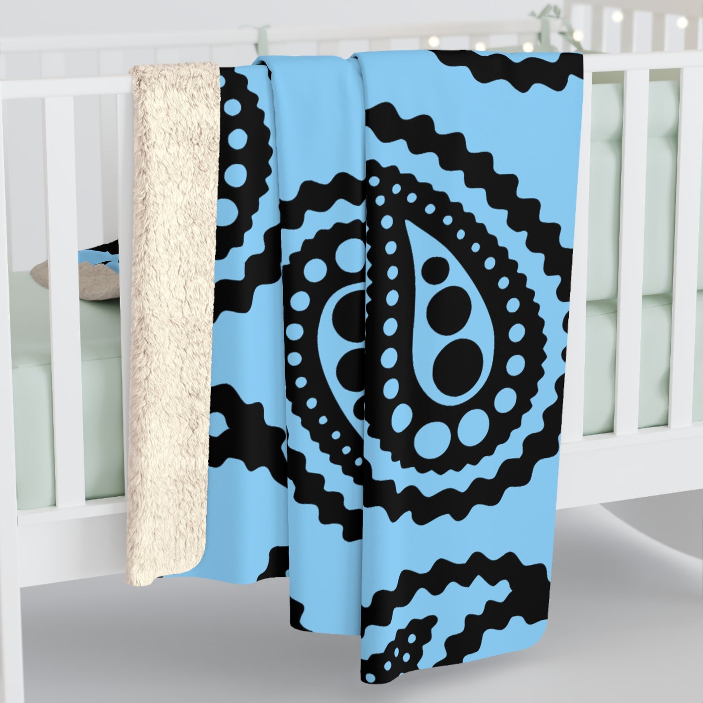 Light Blue, Black Retro Paisley Blanket Throw