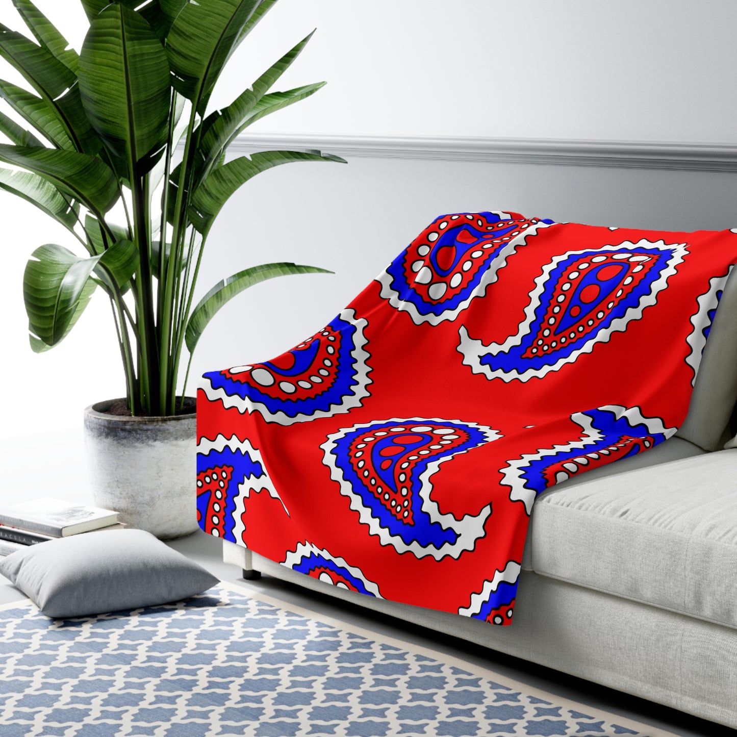 Red, White, Blue Retro Paisley Blanket Throw