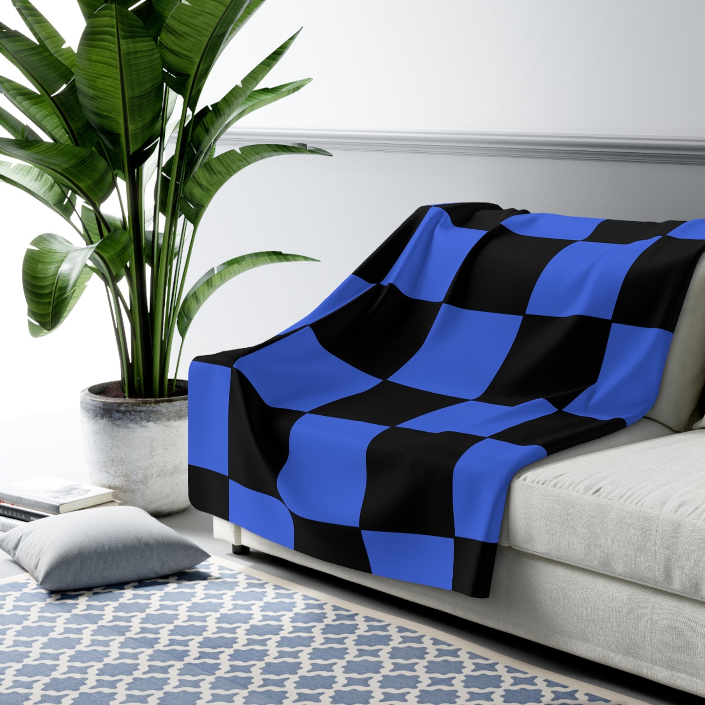 Royal Blue, Black Retro Check Blanket Throw