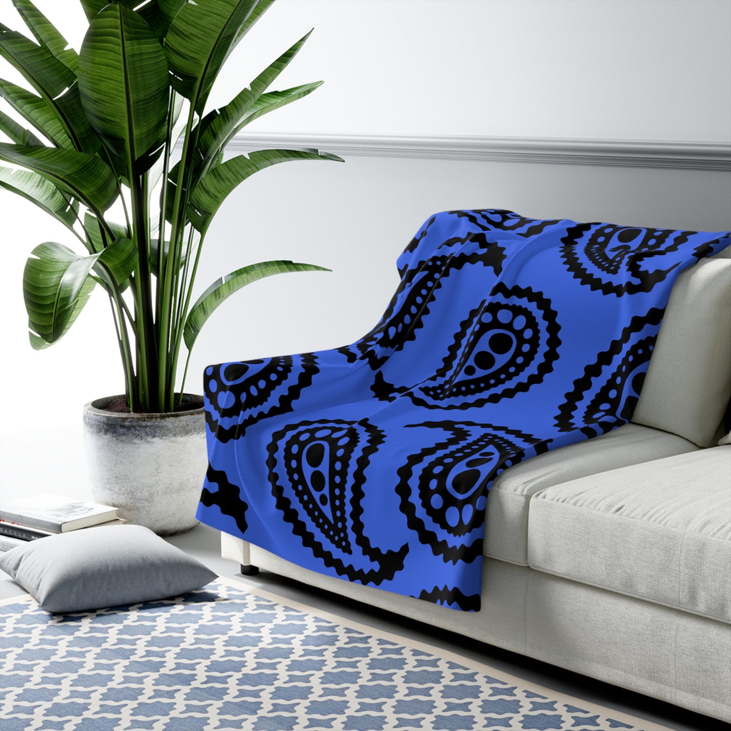 Royal Blue, Black Retro Paisley Blanket Throw