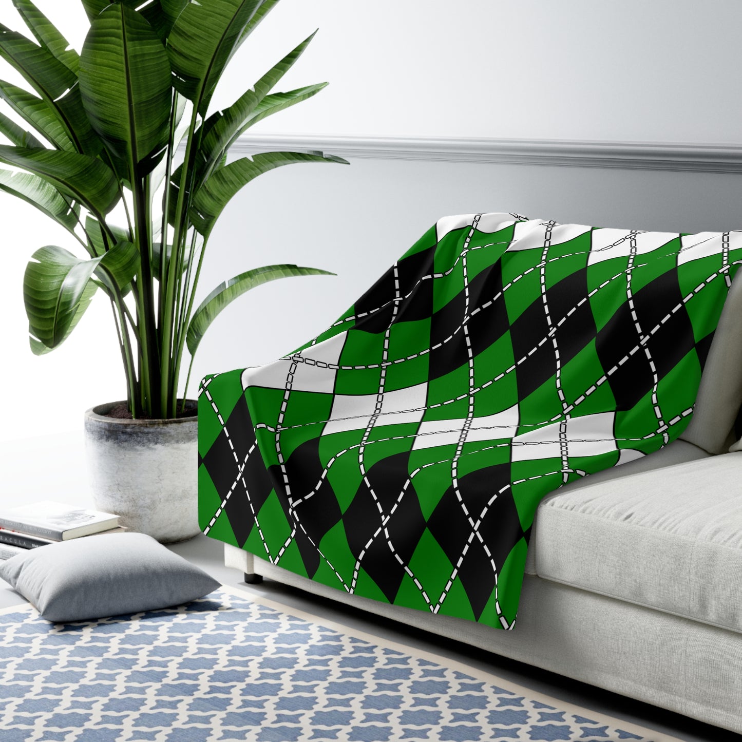 Green, Black, White Retro Argyle Blanket Throw