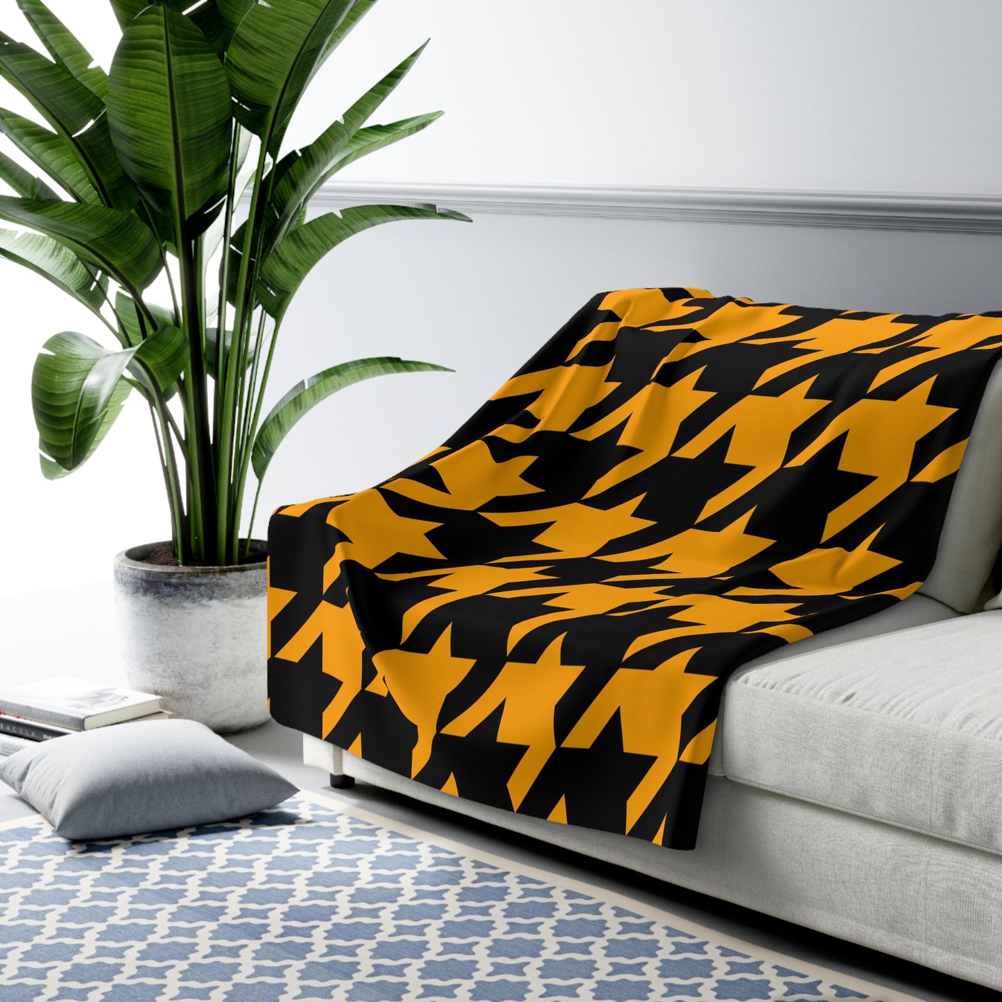 Orange, Black Retro Houndstooth Blanket Throw