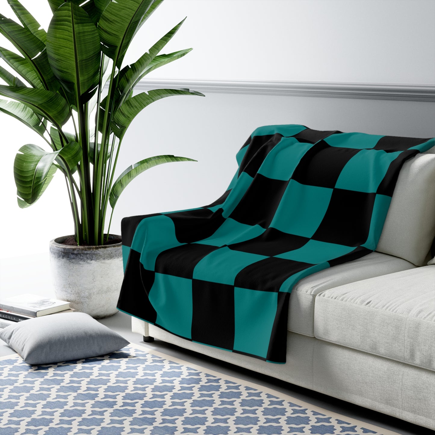 Teal, Black Retro Check Blanket Throw
