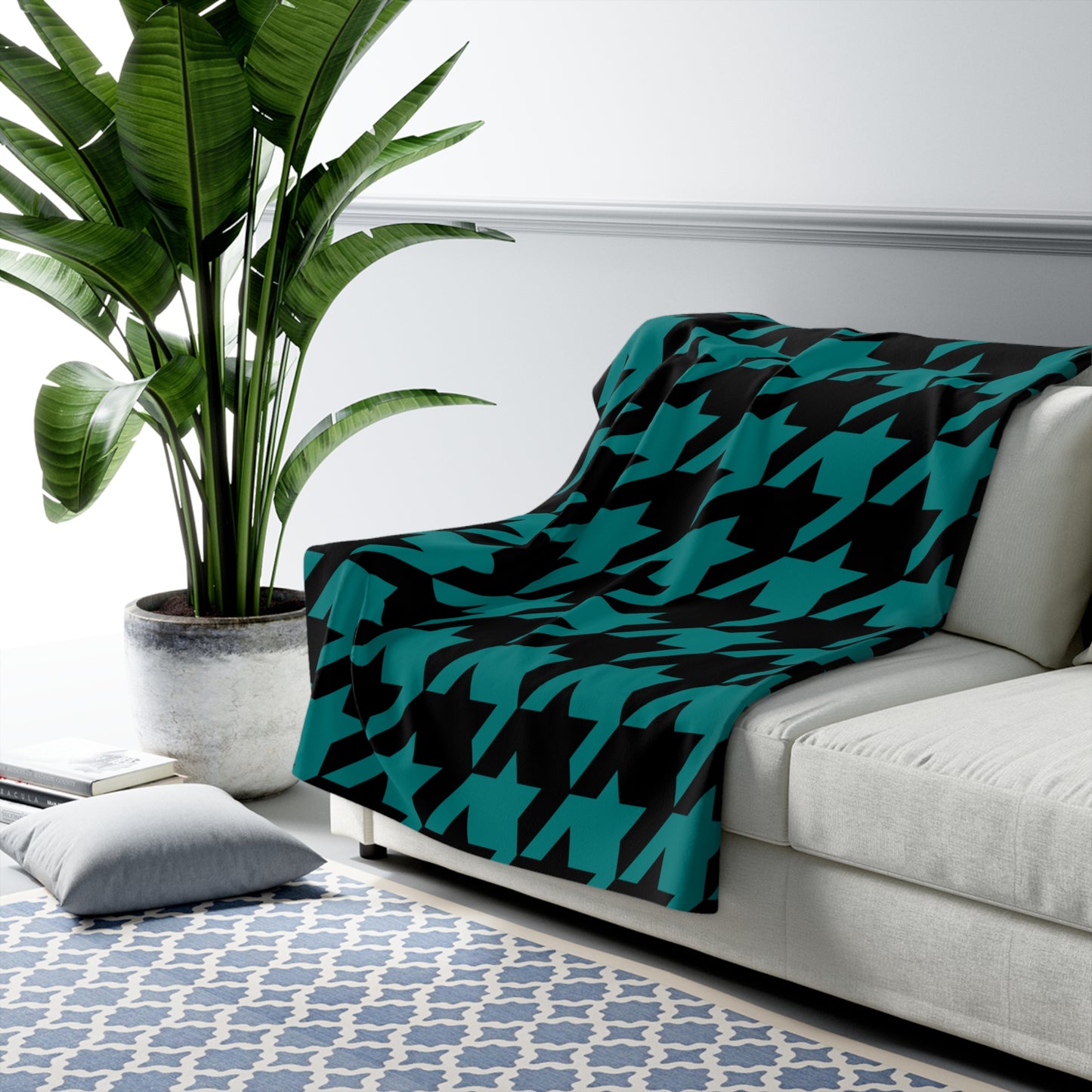 Teal, Black Retro Houndstooth Blanket Throw