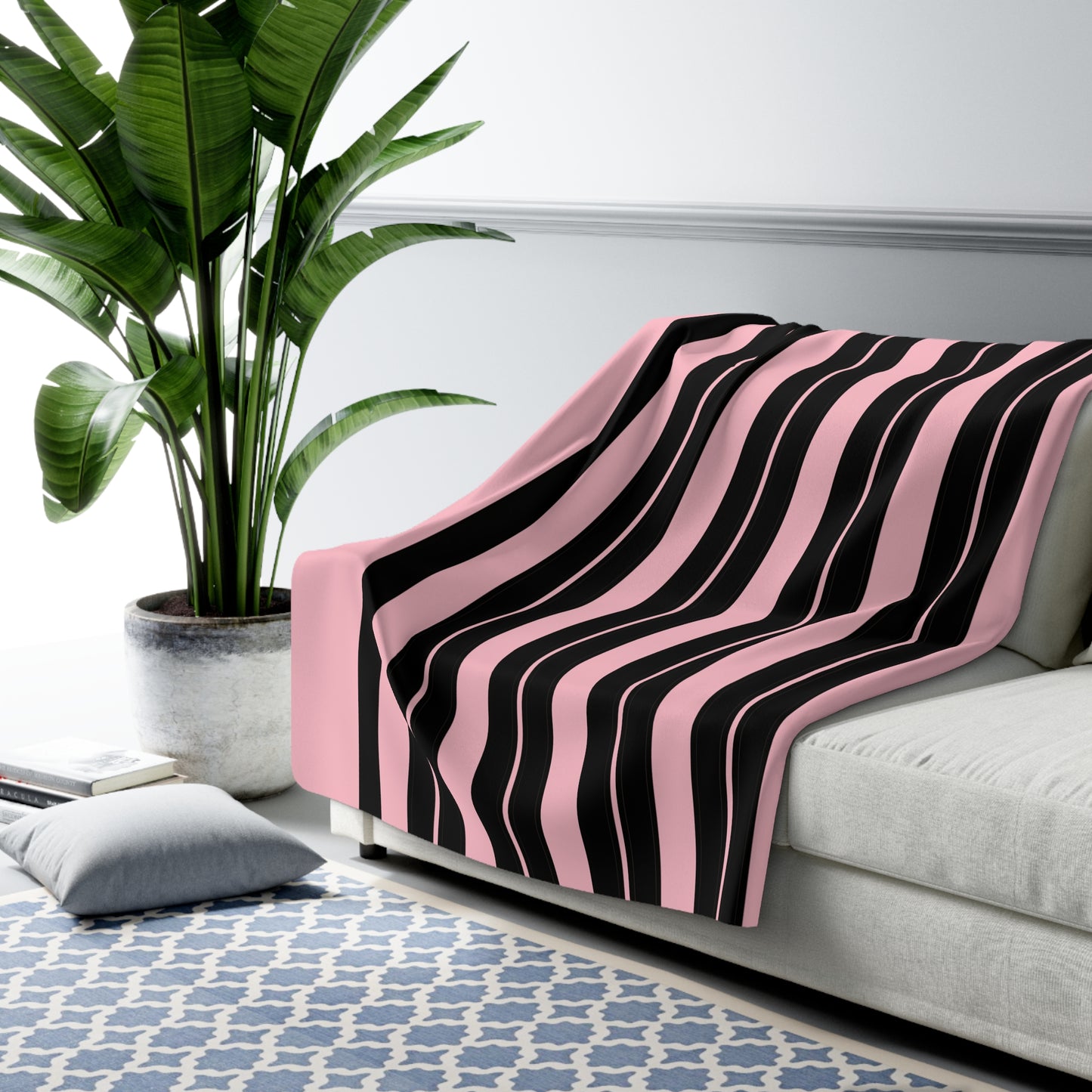Pink, Black Retro Stripes Blanket Throw