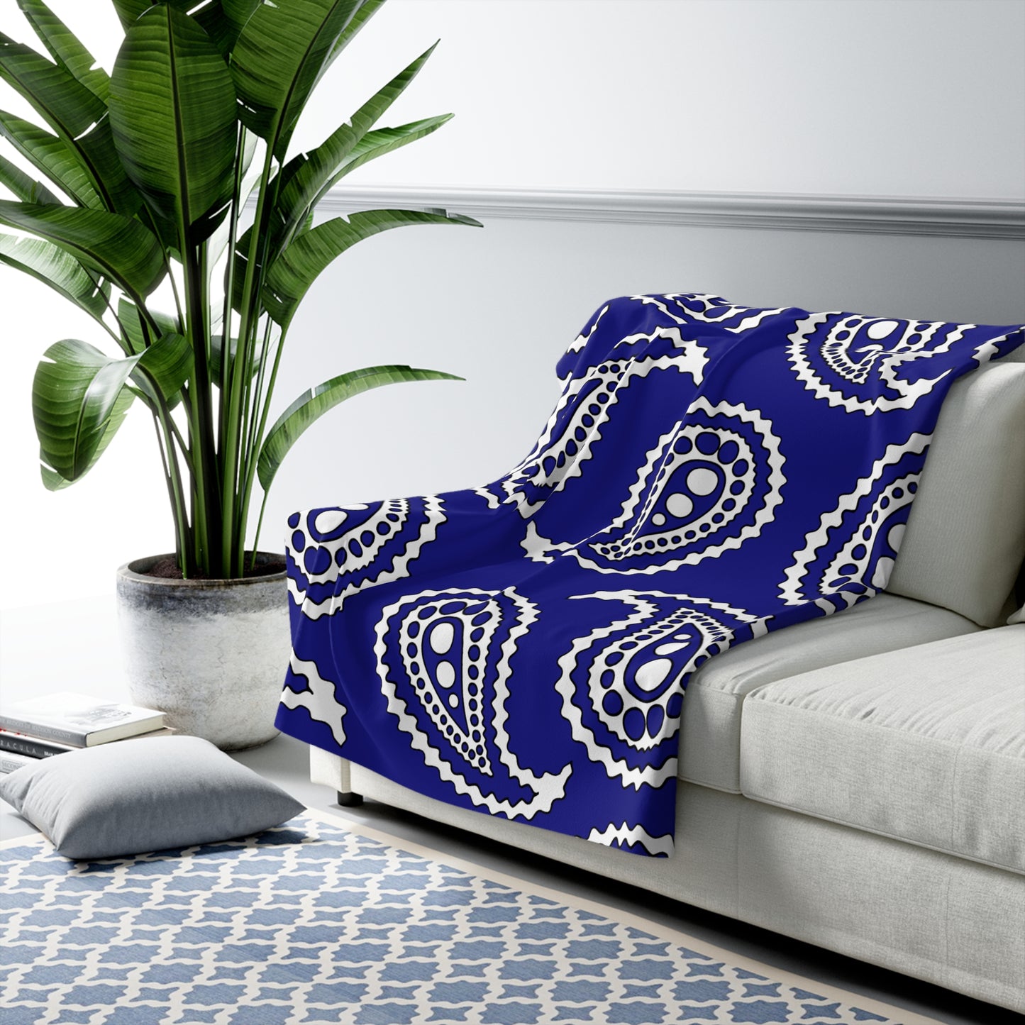 Navy Blue, White Retro Paisley Blanket Throw