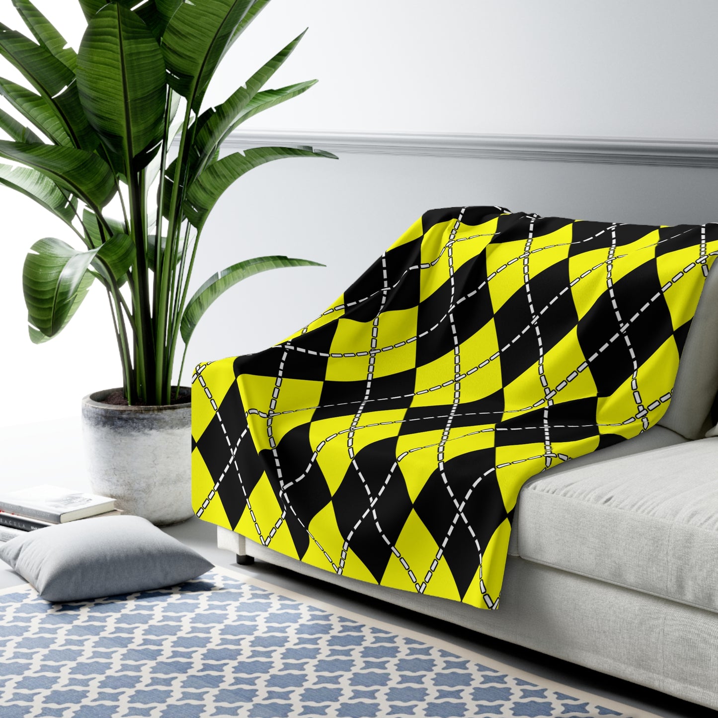 Yellow, Black Retro Argyle Blanket Throw