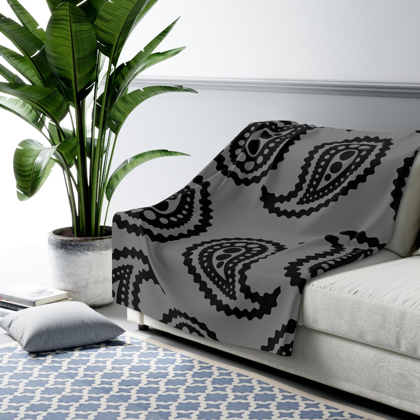 Grey, Black Retro Paisley Blanket Throw