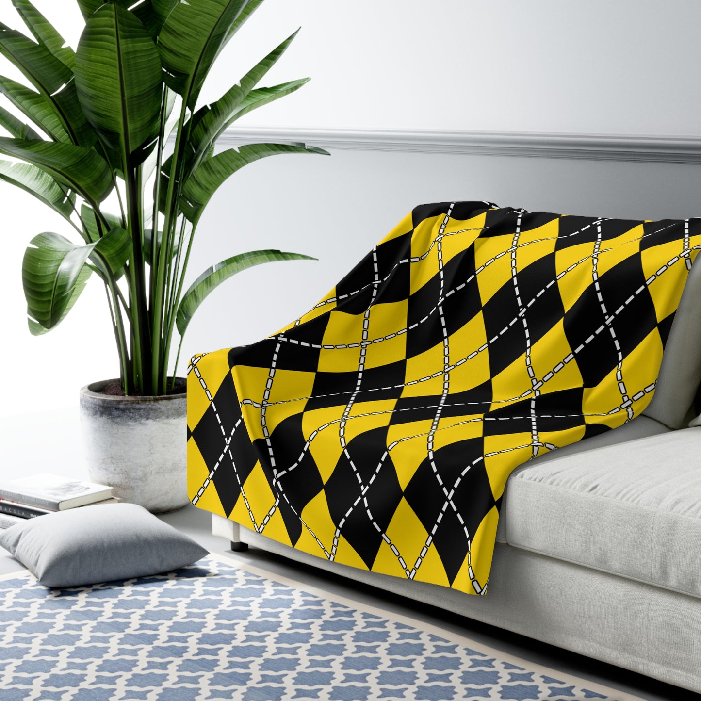 Gold, Black Retro Argyle Blanket Throw