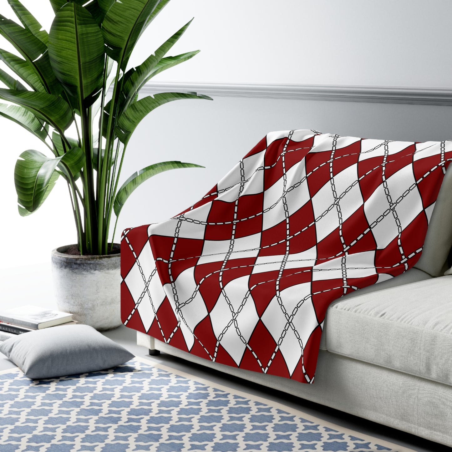 Dark Red, White Retro Argyle Blanket Throw