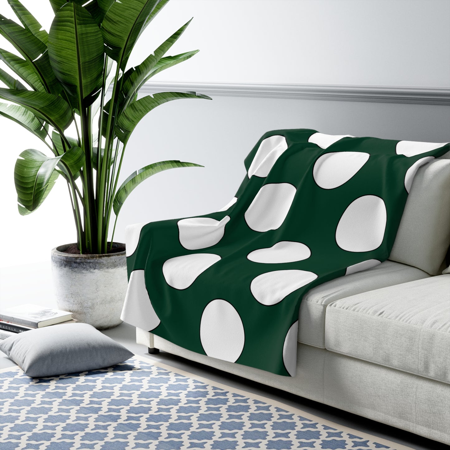 Dark Green, White Retro Polka Dots Blanket Throw