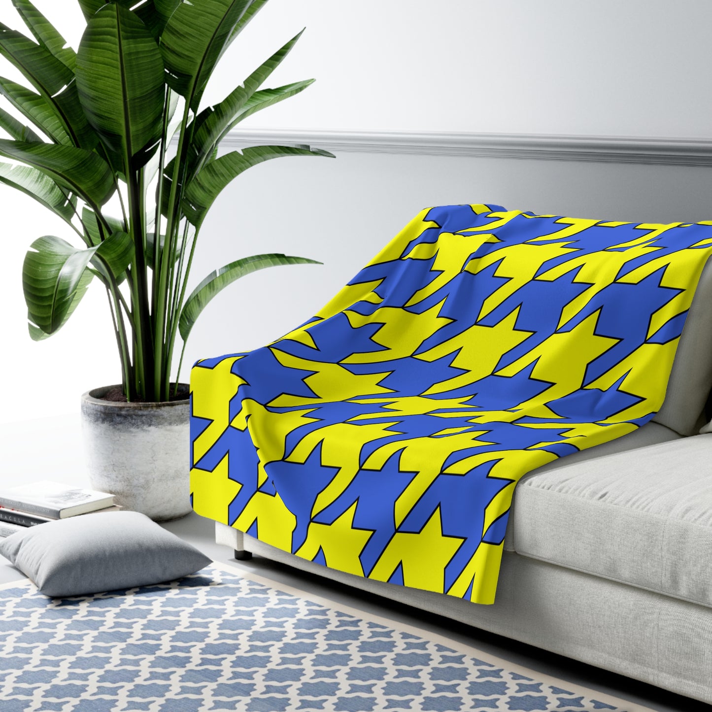 Royal Blue, Yellow Retro Houndstooth Blanket Throw