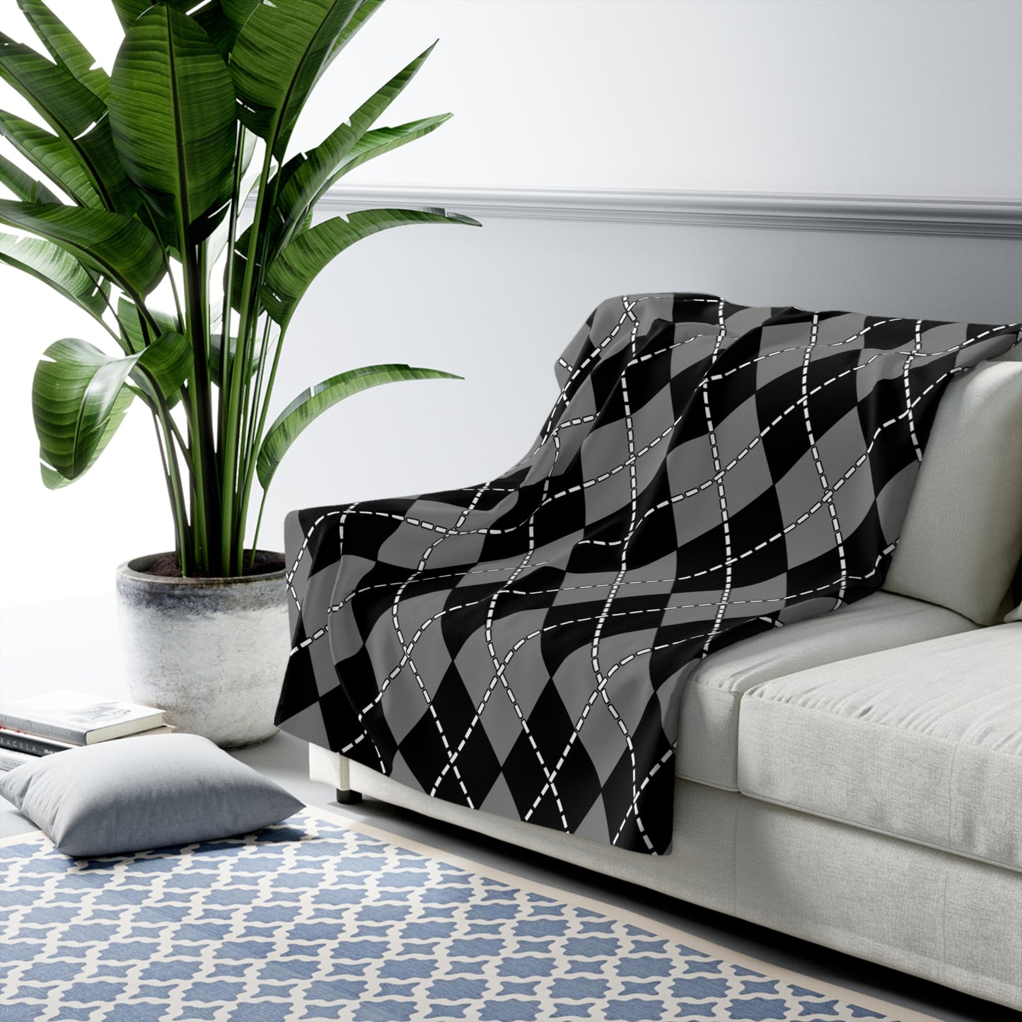Grey, Black Retro Argyle Blanket Throw