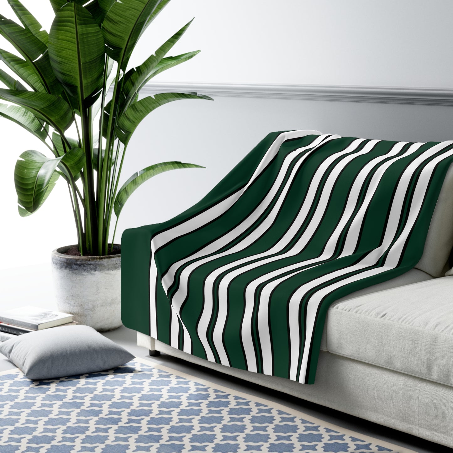 Dark Green, White Retro Stripes Blanket Throw