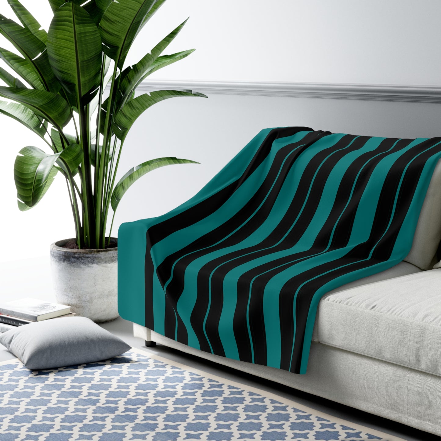 Teal, Black Retro Stripes Blanket Throw