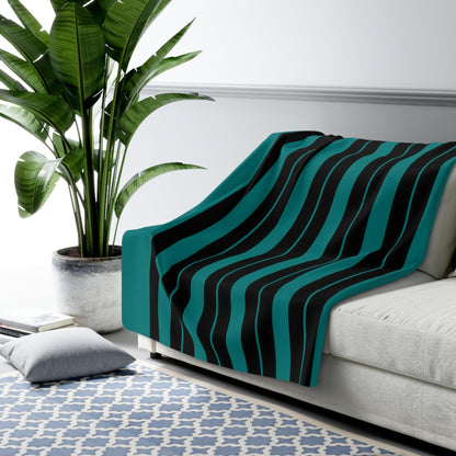 Teal, Black Retro Stripes Blanket Throw