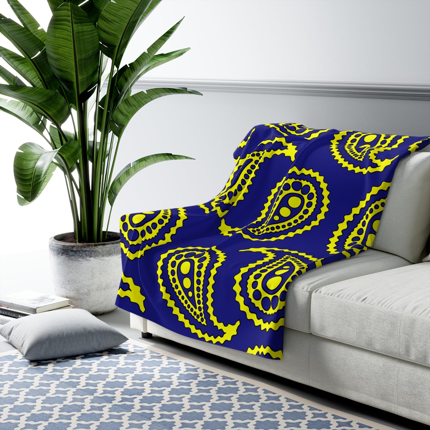 Navy Blue, Yellow Retro Paisley Blanket Throw