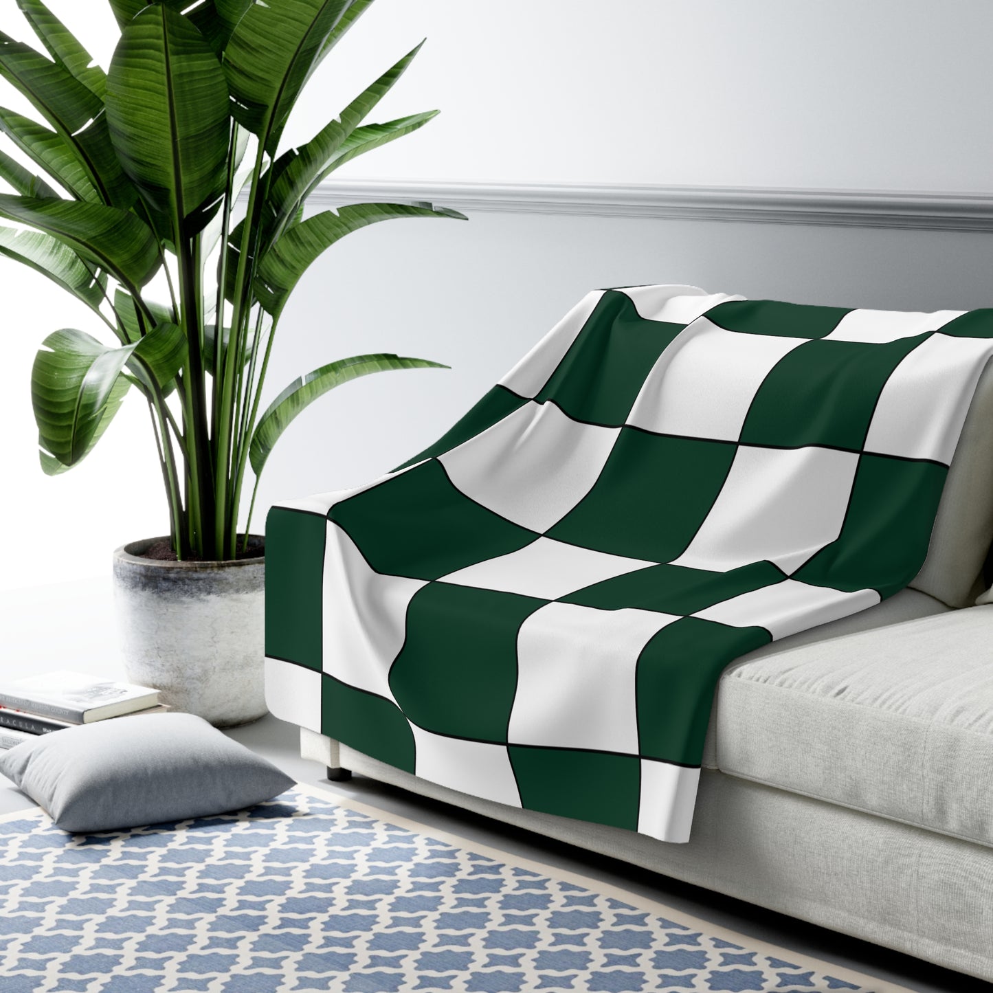 Dark Green, White Retro Check Blanket Throw